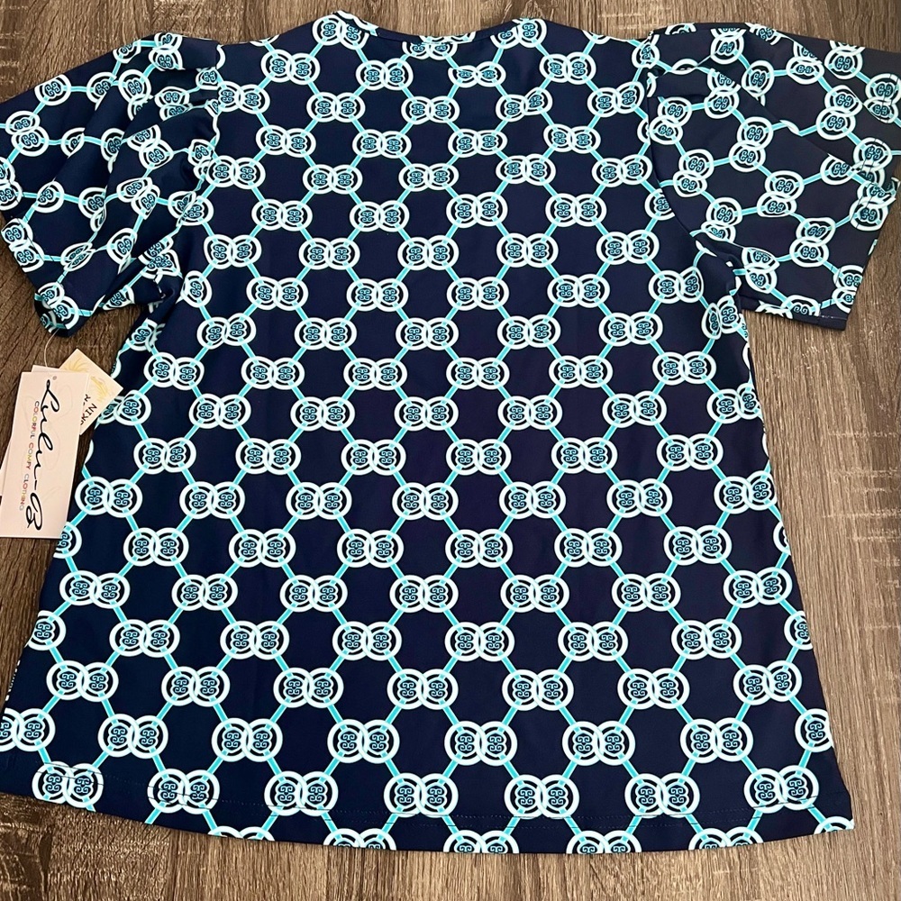 Lulu B Cooling UPF 50 Top Navy Aqua Geo Print Size Small NWT NEW with tags sm s‌ - Picture 2 of 12